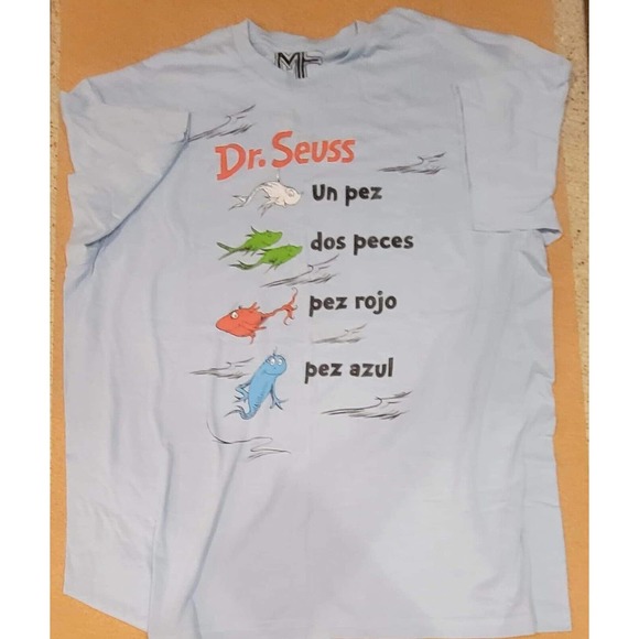 Dr Suess Spanish Language One Fish Uno Fish Mens Tshirt Xlarge Blue - Picture 1 of 3